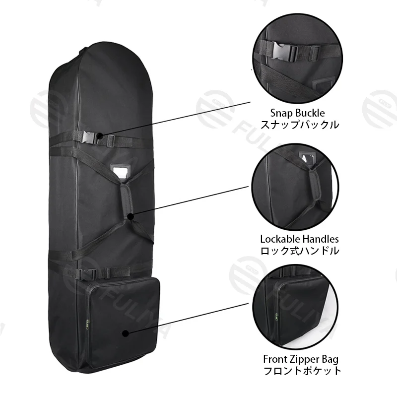Guangzhou Fuliya Industry Co.,Ltd C-81183 Golf bag dust cover, water-resistant, non-slip rubber base, lockable handles, snap buckle, front zipper pocket, and internal adjustable strap - for travel, outdoor, and daily protection.