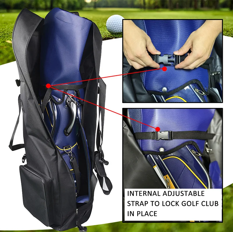 Guangzhou Fuliya Industry Co.,Ltd C-81183 Golf bag dust cover, water-resistant, non-slip rubber base, lockable handles, snap buckle, front zipper pocket, and internal adjustable strap - for travel, outdoor, and daily protection.