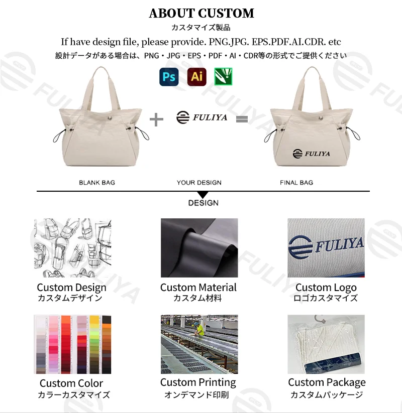 Guangzhou Fuliya Industry Co.,Ltd C-81184 Lightweight waterproof tote bag, large capacity, fits A4, smooth zipper, front/side pockets, D-ring, comfortable handle, and elastic drawstrings - for gym, shopping, travel, and daily use.