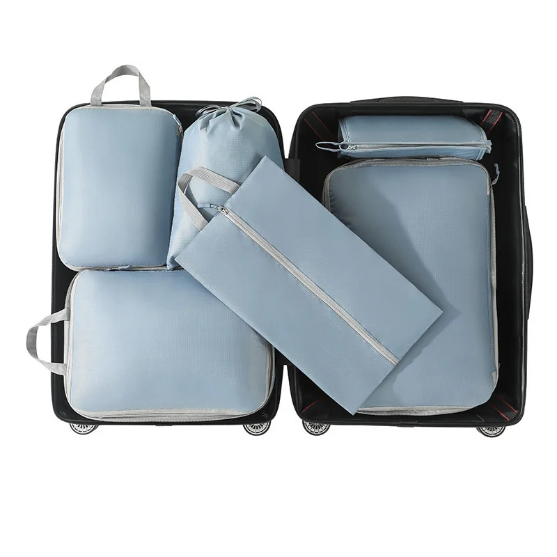 Guangzhou Fuliya Industry Co.,Ltd C-81189  6-piece travel organizer set, water-resistant, washable, multi-size storage, compression zipper, drawstring bag, shoe bag, and cosmetic pouch - for travel, business trips, and storage organization.