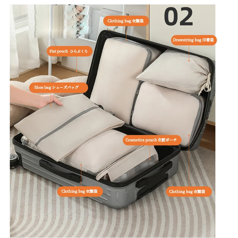 Guangzhou Fuliya Industry Co.,Ltd C-81189 6-piece travel organizer set, water-resistant, washable, multi-size storage, compression zipper, drawstring bag, shoe bag, and cosmetic pouch - for travel, business trips, and storage organization.