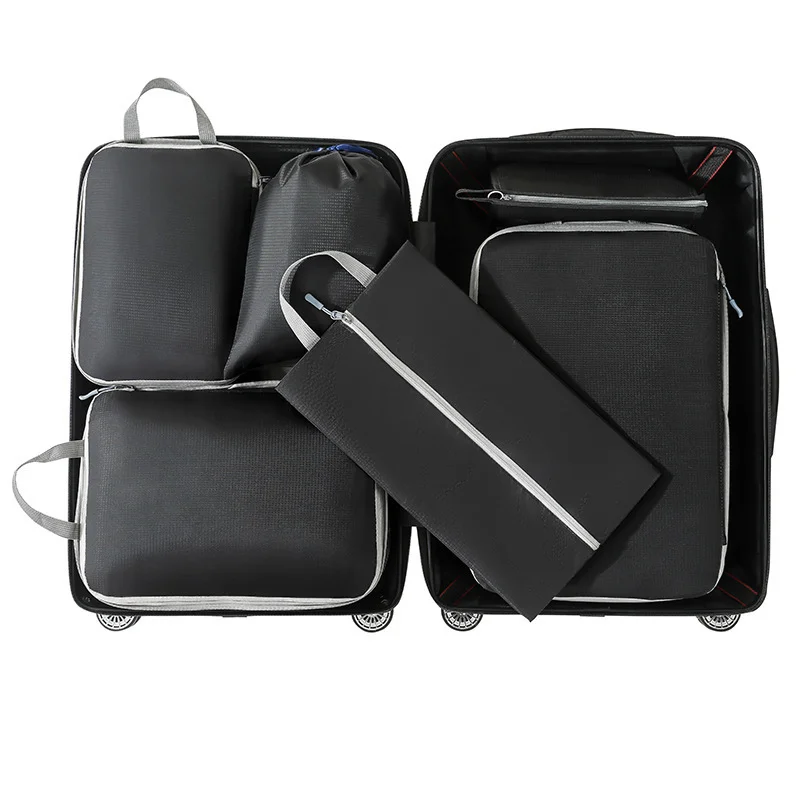 Guangzhou Fuliya Industry Co.,Ltd C-81189  6-piece travel organizer set, water-resistant, washable, multi-size storage, compression zipper, drawstring bag, shoe bag, and cosmetic pouch - for travel, business trips, and storage organization.