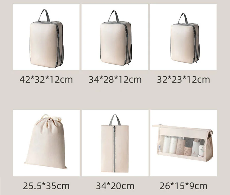 Guangzhou Fuliya Industry Co.,Ltd C-81189  6-piece travel organizer set, water-resistant, washable, multi-size storage, compression zipper, drawstring bag, shoe bag, and cosmetic pouch - for travel, business trips, and storage organization.
