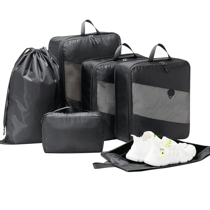 Guangzhou Fuliya Industry Co.,Ltd C-81190  Compression travel organizer set, water-resistant, see-through mesh, compression zipper, clothing bags, shoe bag, drawstring bag, and cosmetic pouch - for travel, business trips, and organization.