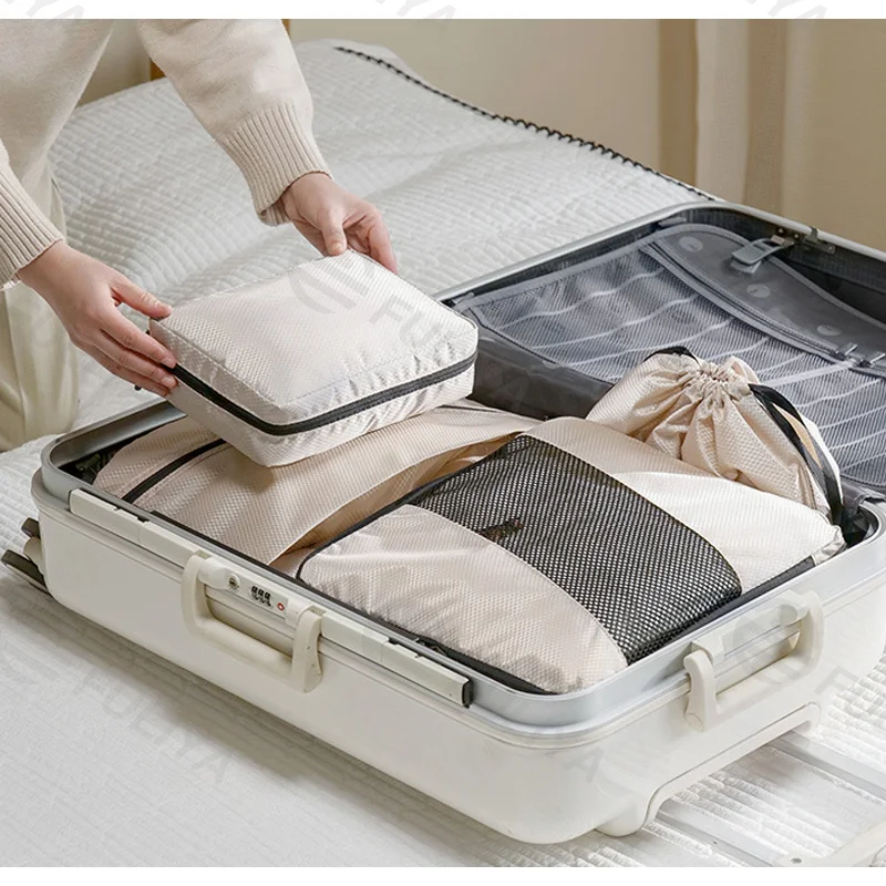 Guangzhou Fuliya Industry Co.,Ltd C-81190 Compression travel organizer set, water-resistant, see-through mesh, compression zipper, clothing bags, shoe bag, drawstring bag, and cosmetic pouch - for travel, business trips, and organization.