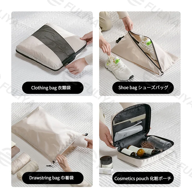 Guangzhou Fuliya Industry Co.,Ltd C-81190 Compression travel organizer set, water-resistant, see-through mesh, compression zipper, clothing bags, shoe bag, drawstring bag, and cosmetic pouch - for travel, business trips, and organization.