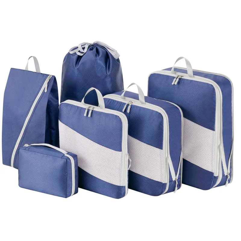 Guangzhou Fuliya Industry Co.,Ltd C-81190  Compression travel organizer set, water-resistant, see-through mesh, compression zipper, clothing bags, shoe bag, drawstring bag, and cosmetic pouch - for travel, business trips, and organization.