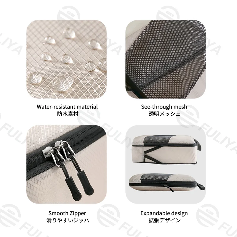 Guangzhou Fuliya Industry Co.,Ltd C-81190 Compression travel organizer set, water-resistant, see-through mesh, compression zipper, clothing bags, shoe bag, drawstring bag, and cosmetic pouch - for travel, business trips, and organization.