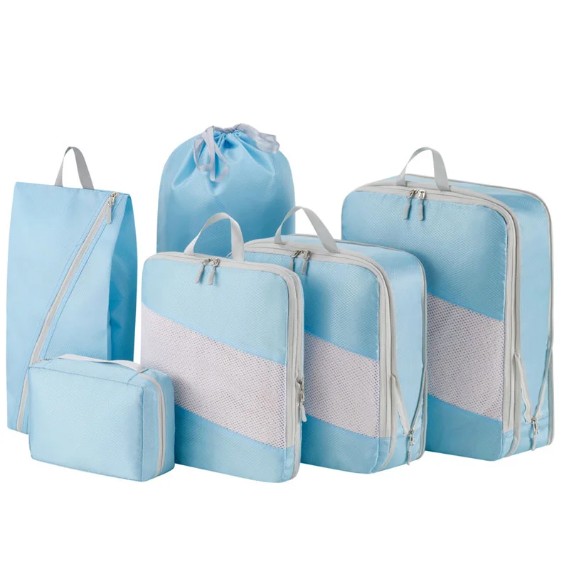 Guangzhou Fuliya Industry Co.,Ltd C-81190  Compression travel organizer set, water-resistant, see-through mesh, compression zipper, clothing bags, shoe bag, drawstring bag, and cosmetic pouch - for travel, business trips, and organization.