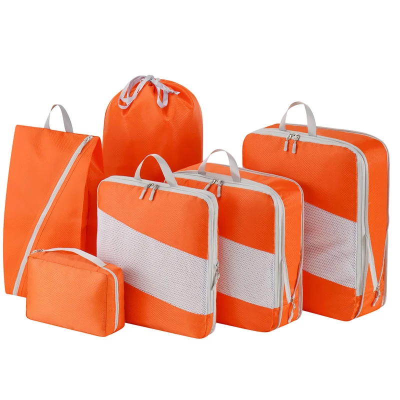 Guangzhou Fuliya Industry Co.,Ltd C-81190  Compression travel organizer set, water-resistant, see-through mesh, compression zipper, clothing bags, shoe bag, drawstring bag, and cosmetic pouch - for travel, business trips, and organization.