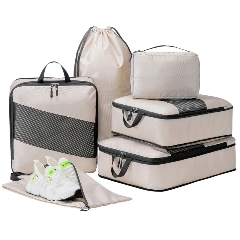 Guangzhou Fuliya Industry Co.,Ltd C-81190  Compression travel organizer set, water-resistant, see-through mesh, compression zipper, clothing bags, shoe bag, drawstring bag, and cosmetic pouch - for travel, business trips, and organization.
