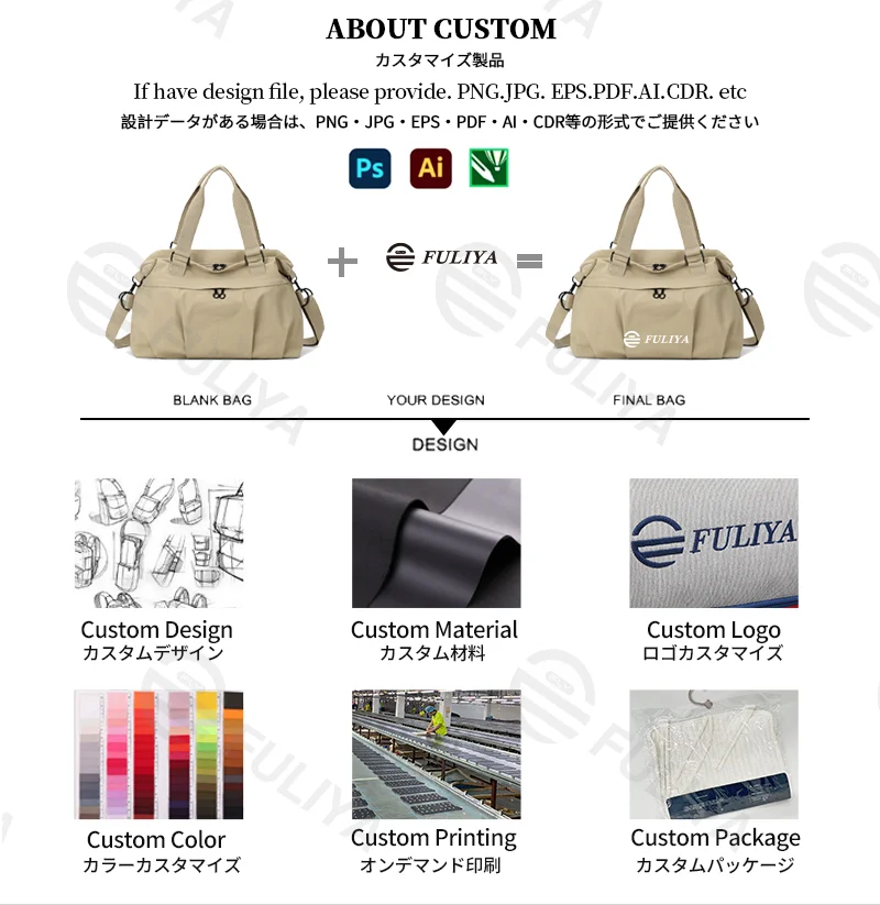 Guangzhou Fuliya Industry Co.,Ltd C-81197 Lightweight travel gym bag, large capacity, front/back zipper pockets, inner pocket, adjustable detachable strap, and luggage sleeve - hand, shoulder, or crossbody carry for travel, fitness, and yoga.