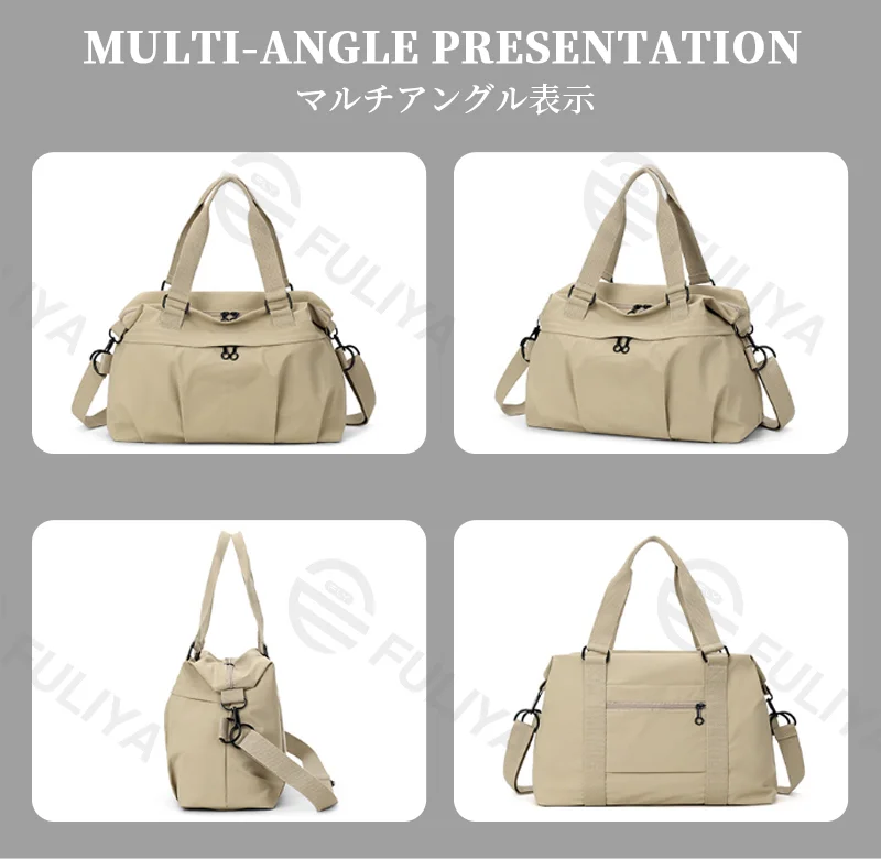 Guangzhou Fuliya Industry Co.,Ltd C-81197 Lightweight travel gym bag, large capacity, front/back zipper pockets, inner pocket, adjustable detachable strap, and luggage sleeve - hand, shoulder, or crossbody carry for travel, fitness, and yoga.