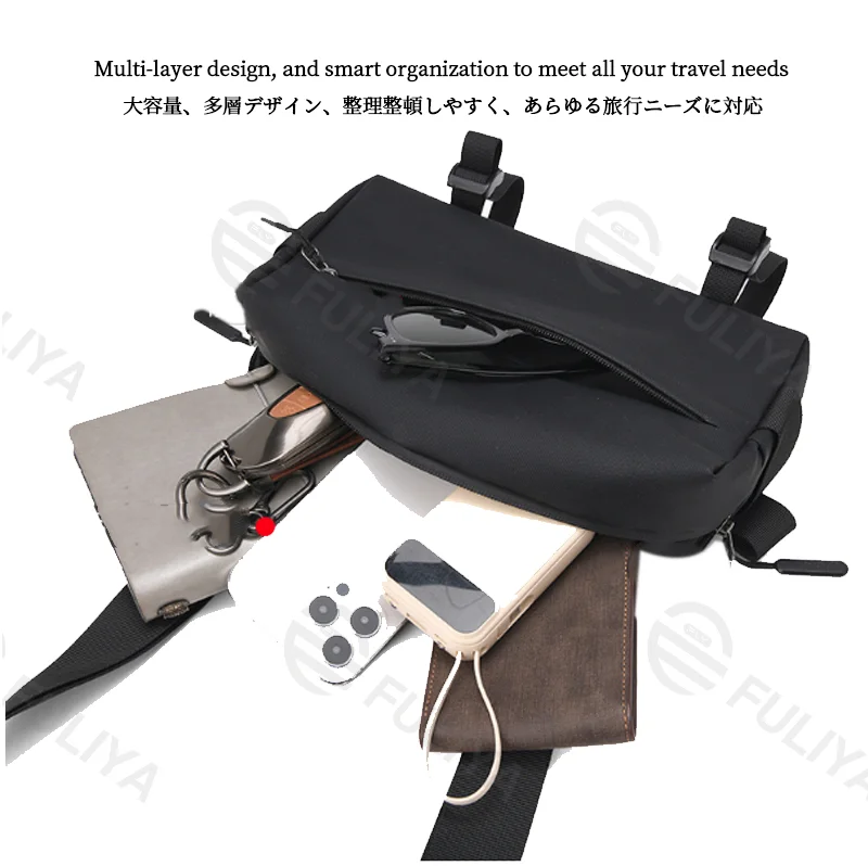 Guangzhou Fuliya Industry Co.,Ltd C-81206 Outdoor casual crossbody bag, multi-functional bottom strap for water bottles or tripods, large capacity with multi-layer storage, water-resistant fabric - for cycling, sports, and photography.