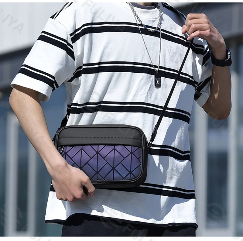 Guangzhou Fuliya Industry Co.,Ltd C-81210 Minimalist men's crossbody bag, diamond reflective front panel, magnetic flap closure, scratch-resistant fabric, multi-compartment storage, reinforced shoulder strap - for commuting and outings.