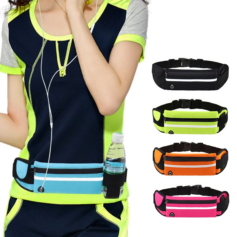 Guangzhou Fuliya Industry Co.,Ltd C-81216 Multi-functional sports waist bag, water-resistant fabric, spacious main pocket fits phone, reflective strip, earphone hole, side bottle pocket and key hook - for running, marathons, and cycling.