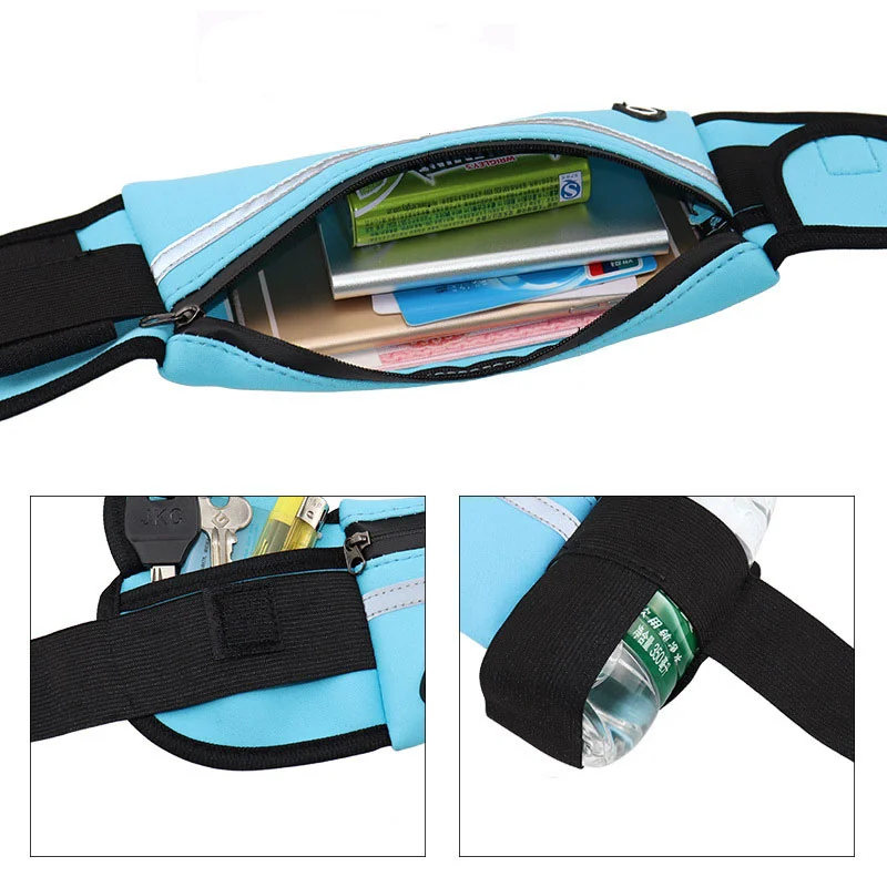 Guangzhou Fuliya Industry Co.,Ltd C-81216 Multi-functional sports waist bag, water-resistant fabric, spacious main pocket fits phone, reflective strip, earphone hole, side bottle pocket and key hook - for running, marathons, and cycling.