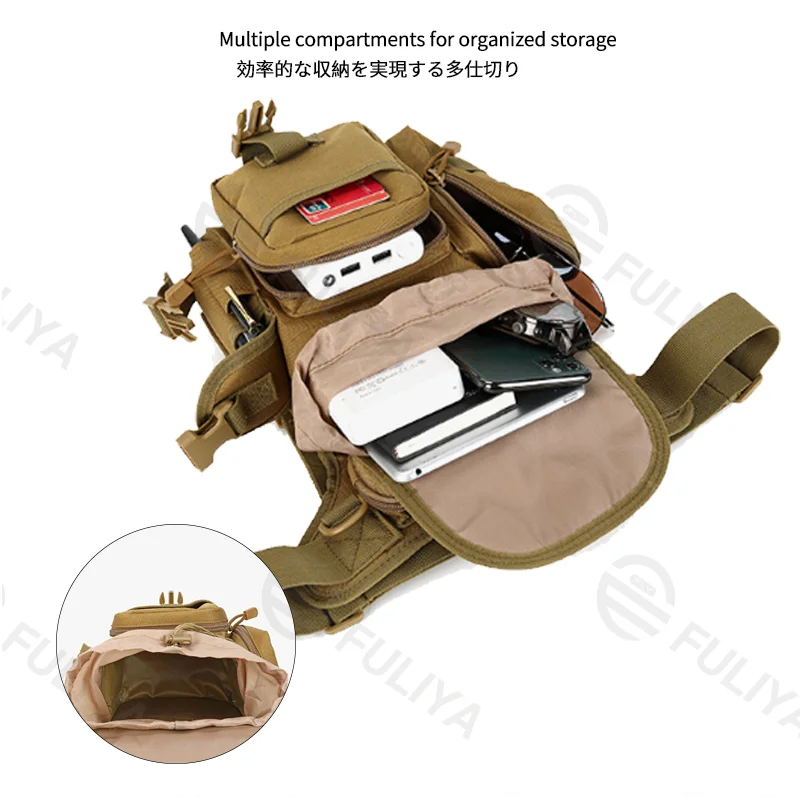 Guangzhou Fuliya Industry Co.,Ltd C-81217 Multi-functional tactical waist/thigh bag, water-resistant Oxford fabric, multi-compartment, waist or crossbody carry - for outdoor, sports, and cycling.
