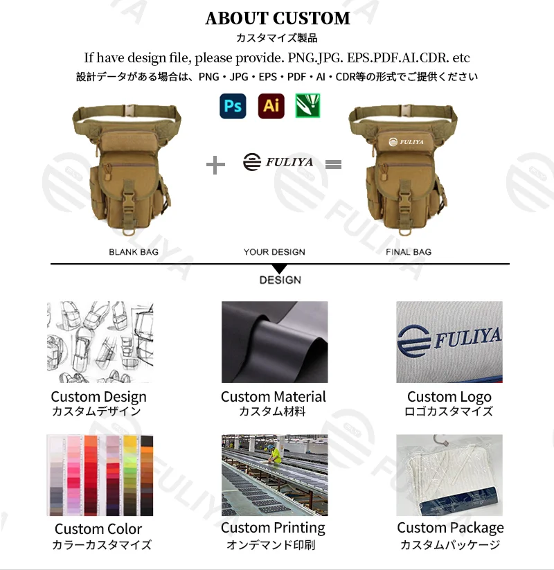 Guangzhou Fuliya Industry Co.,Ltd C-81217 Multi-functional tactical waist/thigh bag, water-resistant Oxford fabric, multi-compartment, waist or crossbody carry - for outdoor, sports, and cycling.