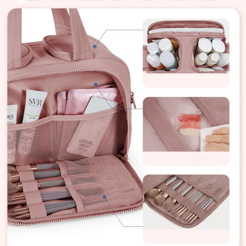 Guangzhou Fuliya Industry Co.,Ltd C-81218 Light luxury hand-carry makeup bag, wet/dry separation, multi-compartment, water-repellent nylon, elastic brush bands, luggage sleeve - for travel and daily use.