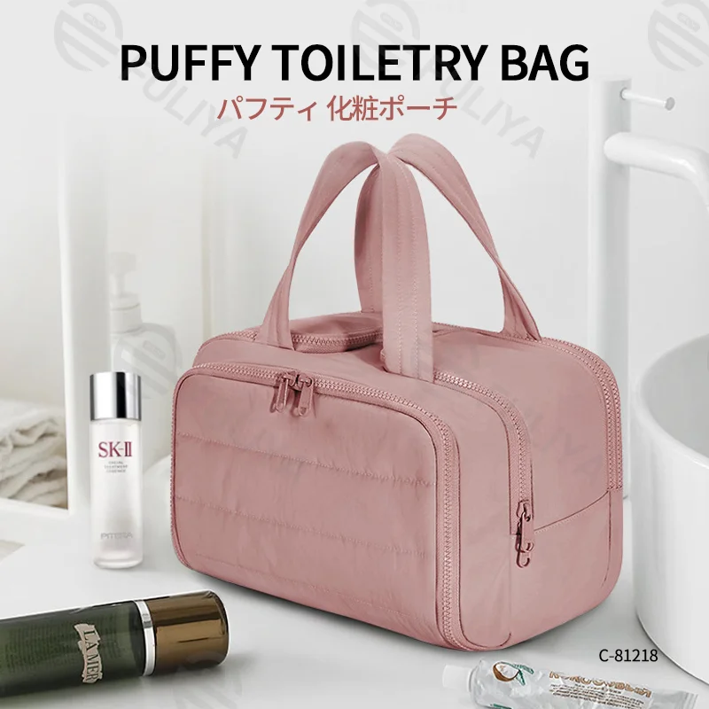 Guangzhou Fuliya Industry Co.,Ltd C-81218 Light luxury hand-carry makeup bag, wet/dry separation, multi-compartment, water-repellent nylon, elastic brush bands, luggage sleeve - for travel and daily use.