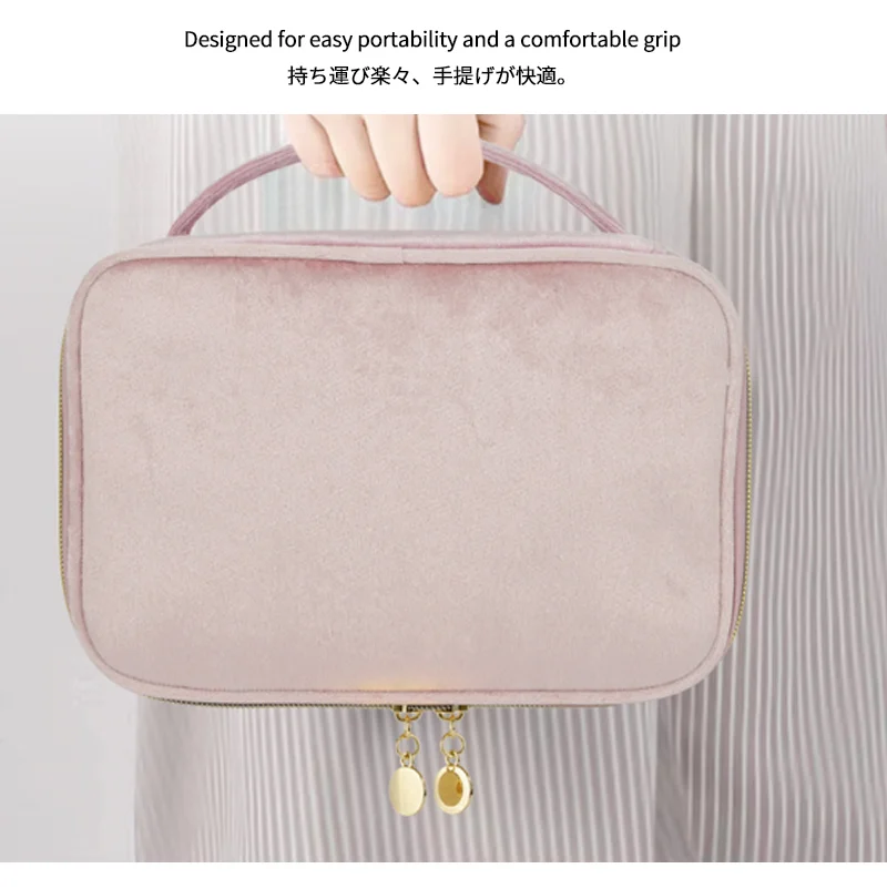Guangzhou Fuliya Industry Co.,Ltd C-81220 Velvet makeup bag, large capacity with easy access, brush storage band, satin lining, smooth zipper, and comfortable handle - for travel and daily use.
