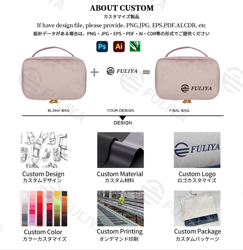 Guangzhou Fuliya Industry Co.,Ltd C-81220 Velvet makeup bag, large capacity with easy access, brush storage band, satin lining, smooth zipper, and comfortable handle - for travel and daily use.