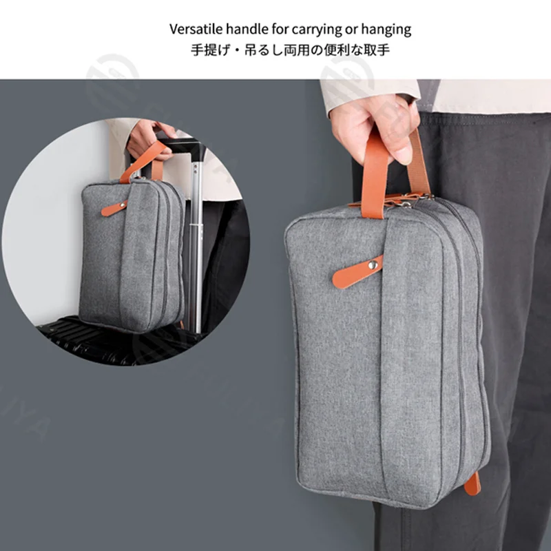 Guangzhou Fuliya Industry Co.,Ltd C-81222 Large-capacity toiletry bag, dual main compartments, leather handle, smooth zipper, and mesh pocket - carry or hang, for travel and daily use.
