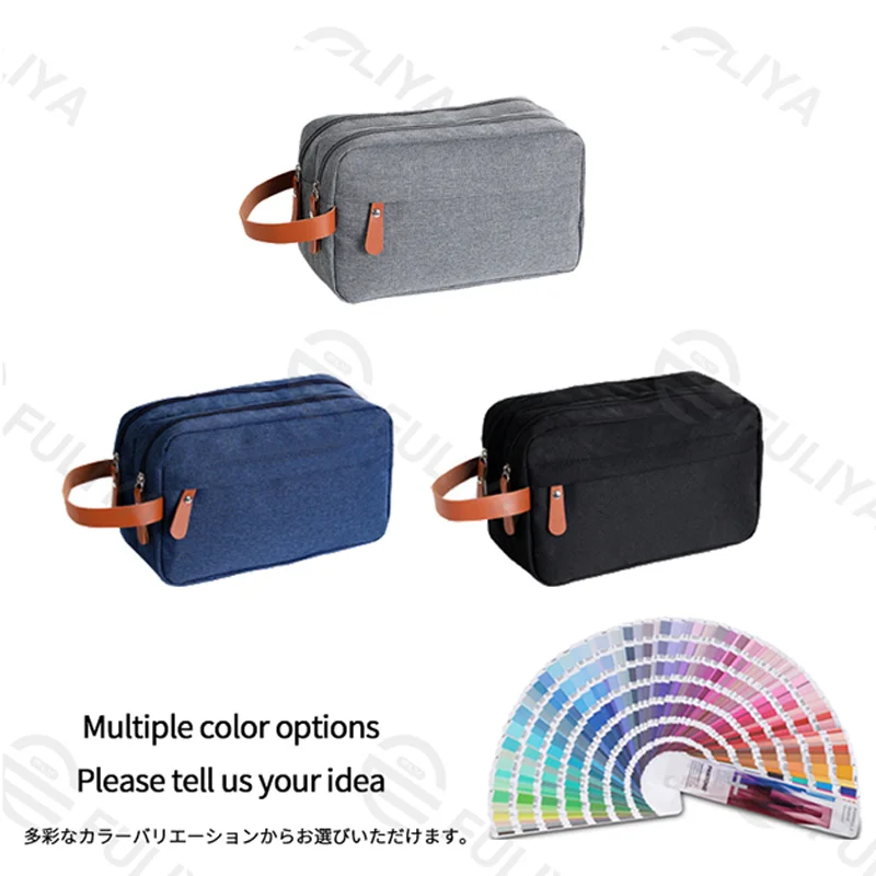 Guangzhou Fuliya Industry Co.,Ltd C-81222 Large-capacity toiletry bag, dual main compartments, leather handle, smooth zipper, and mesh pocket - carry or hang, for travel and daily use.