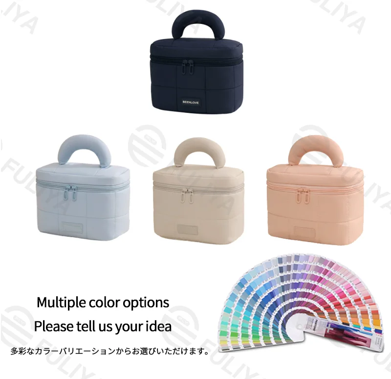 Guangzhou Fuliya Industry Co.,Ltd C-81224 Candy-color hand-carry makeup bag, large capacity with compartments, built-in mesh pocket and brush storage, wide opening, comfortable handle, and smooth zipper - for travel and daily use.