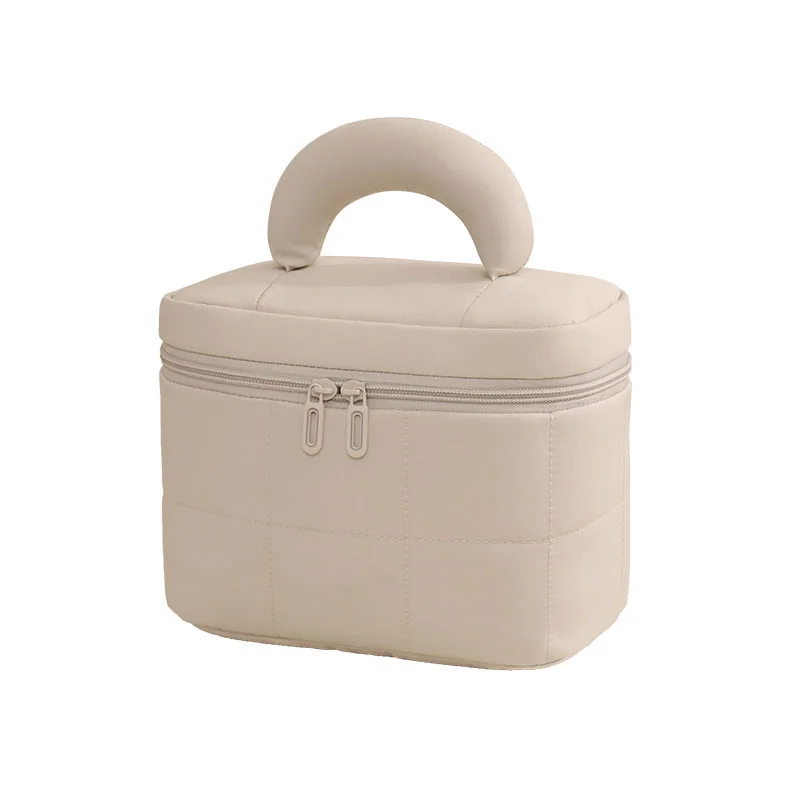 Guangzhou Fuliya Industry Co.,Ltd C-81224 Candy-color hand-carry makeup bag, large capacity with compartments, built-in mesh pocket and brush storage, wide opening, comfortable handle, and smooth zipper - for travel and daily use.