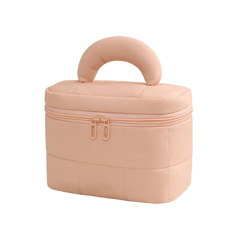 Guangzhou Fuliya Industry Co.,Ltd C-81224 Candy-color hand-carry makeup bag, large capacity with compartments, built-in mesh pocket and brush storage, wide opening, comfortable handle, and smooth zipper - for travel and daily use.