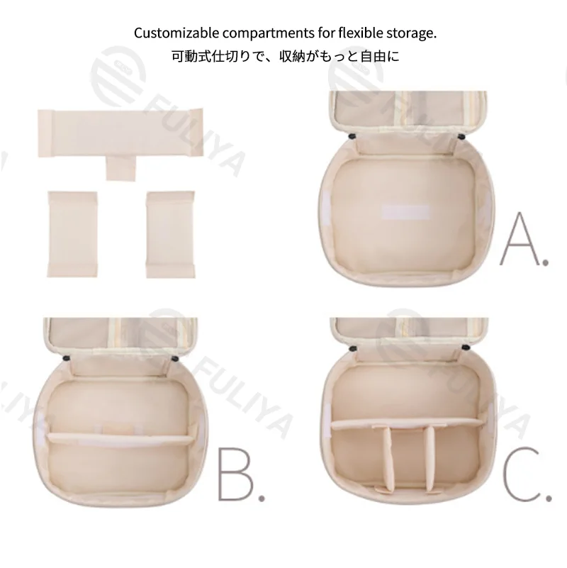 Guangzhou Fuliya Industry Co.,Ltd C-81227 Soft-touch PU leather makeup bag, large capacity with adjustable dividers, mesh pocket, brush storage, and comfortable handle - waterproof and stain-resistant for travel and daily use.