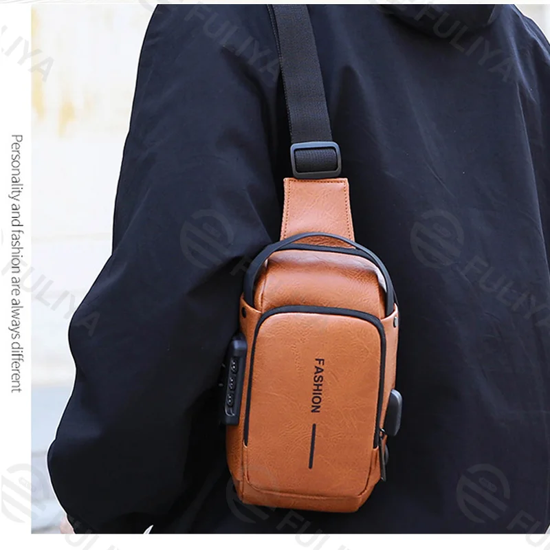 Guangzhou Fuliya Industry Co.,Ltd C-81232 Men's PU chest bag, water-resistant fabric, multi-layer large capacity, combination lock, USB charging port, anti-theft back pocket, and detachable strap - for commuting, business, and travel.
