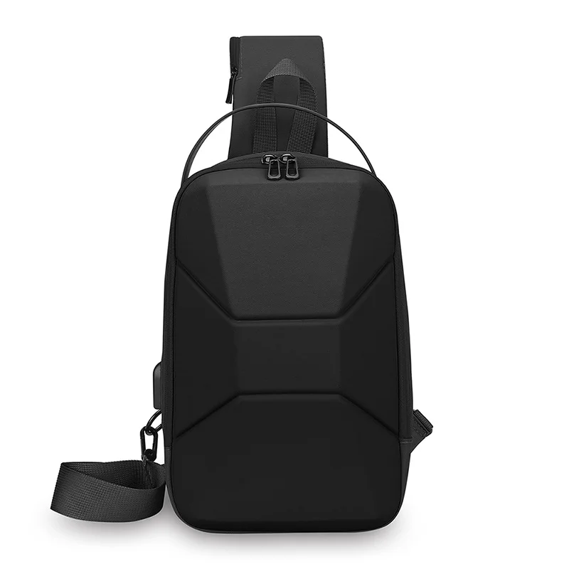 Guangzhou Fuliya Industry Co.,Ltd C-81233 Men's hard-shell chest bag, water-resistant, large capacity, USB charging port and anti-theft back pocket - shoulder, crossbody, or hand carry for commuting and travel.
