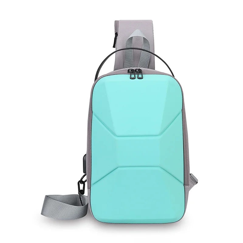 Guangzhou Fuliya Industry Co.,Ltd C-81233 Men's hard-shell chest bag, water-resistant, large capacity, USB charging port and anti-theft back pocket - shoulder, crossbody, or hand carry for commuting and travel.