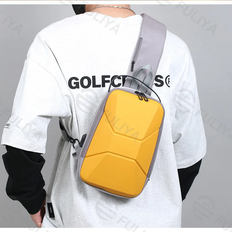Guangzhou Fuliya Industry Co.,Ltd C-81233 Men's hard-shell chest bag, water-resistant, large capacity, USB charging port and anti-theft back pocket - shoulder, crossbody, or hand carry for commuting and travel.