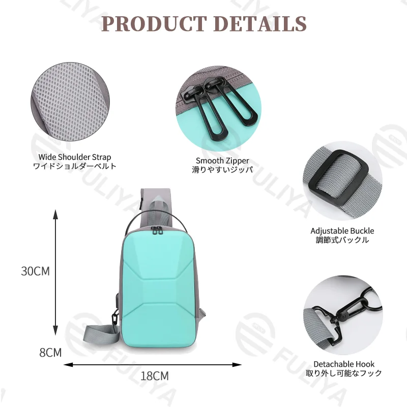 Guangzhou Fuliya Industry Co.,Ltd C-81233 Men's hard-shell chest bag, water-resistant, large capacity, USB charging port and anti-theft back pocket - shoulder, crossbody, or hand carry for commuting and travel.
