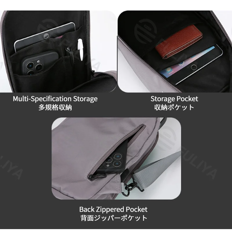 Guangzhou Fuliya Industry Co.,Ltd C-81233 Men's hard-shell chest bag, water-resistant, large capacity, USB charging port and anti-theft back pocket - shoulder, crossbody, or hand carry for commuting and travel.