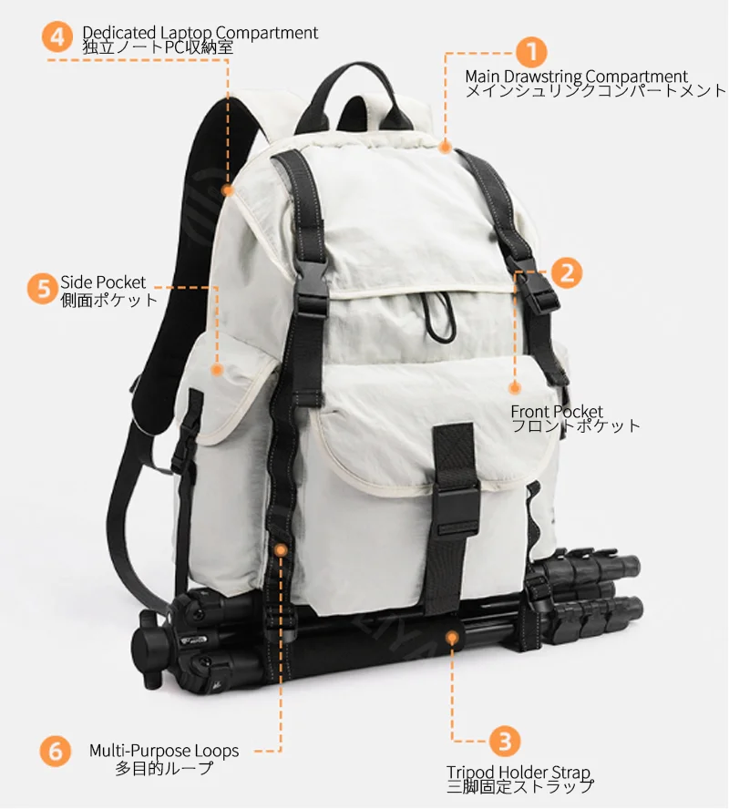 Guangzhou Fuliya Industry Co.,Ltd C-81236 Lightweight waterproof travel backpack, drawstring adjustable, laptop compartment and anti-theft pocket, reflective webbing, non-slip chest strap, and tripod holder - for hiking and daily use.