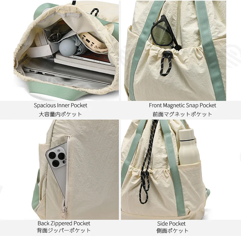 Guangzhou Fuliya Industry Co.,Ltd C-81238 Lightweight waterproof nylon drawstring backpack, large main compartment, magnetic front pocket, back zipper pocket, side pocket, adjustable straps, and comfortable handle - for cycling, gym, college, and sports.