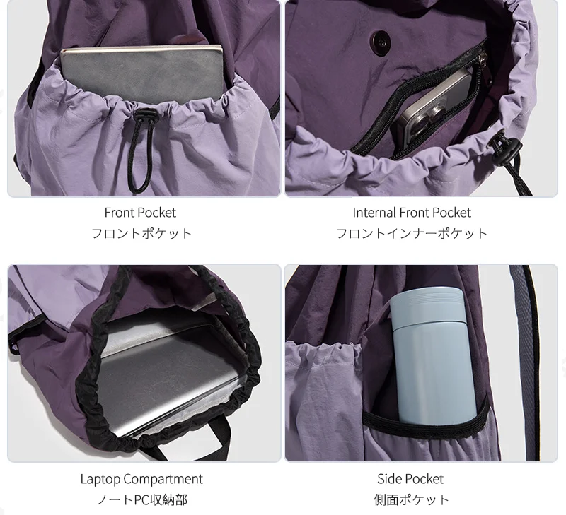 Guangzhou Fuliya Industry Co.,Ltd C-81239 Lightweight drawstring backpack, large capacity, laptop compartment, front and side pockets, breathable straps - for outdoor, travel, and sports