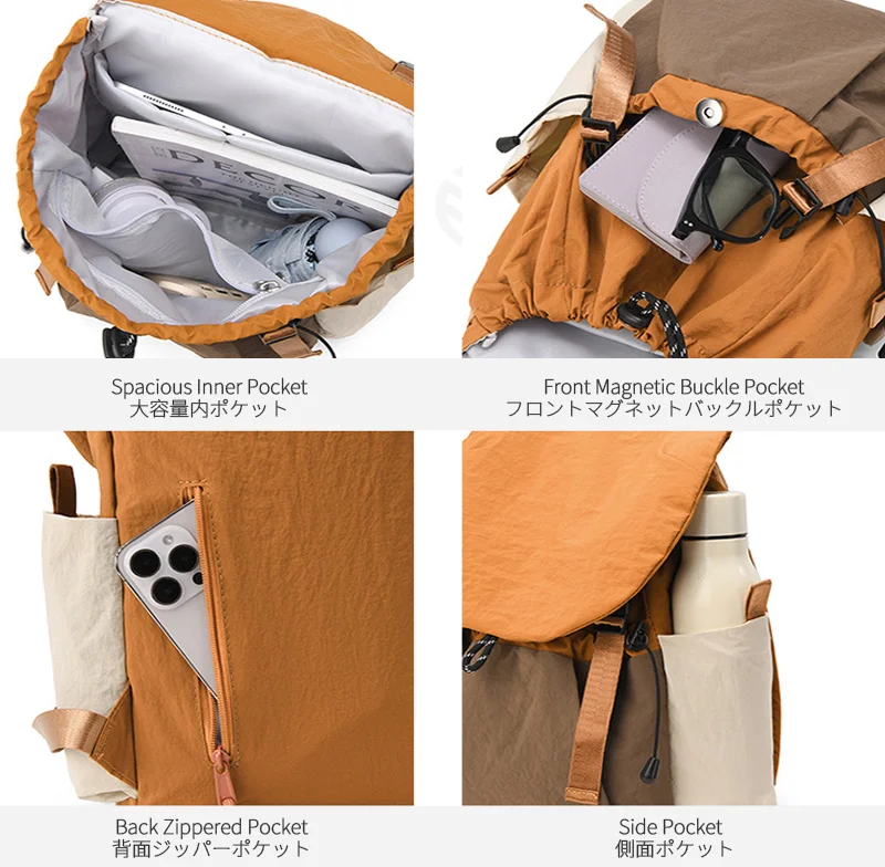 Guangzhou Fuliya Industry Co.,Ltd C-81240 Casual flap backpack, waterproof and lightweight, large capacity, magnetic front pocket, side pockets, and drawstring closure - for outdoor, hiking, and travel.