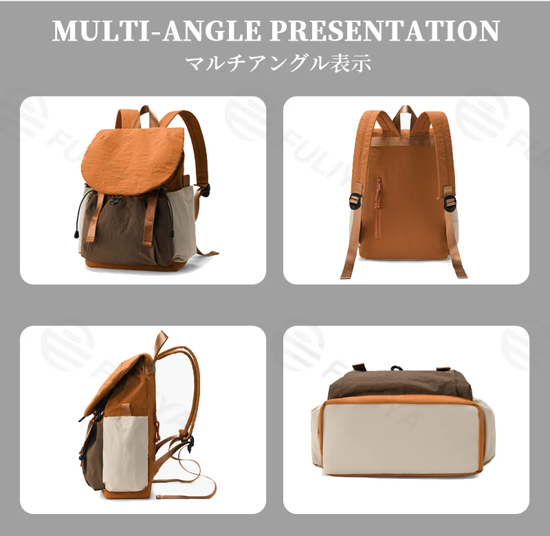 Guangzhou Fuliya Industry Co.,Ltd C-81240 Casual flap backpack, waterproof and lightweight, large capacity, magnetic front pocket, side pockets, and drawstring closure - for outdoor, hiking, and travel.