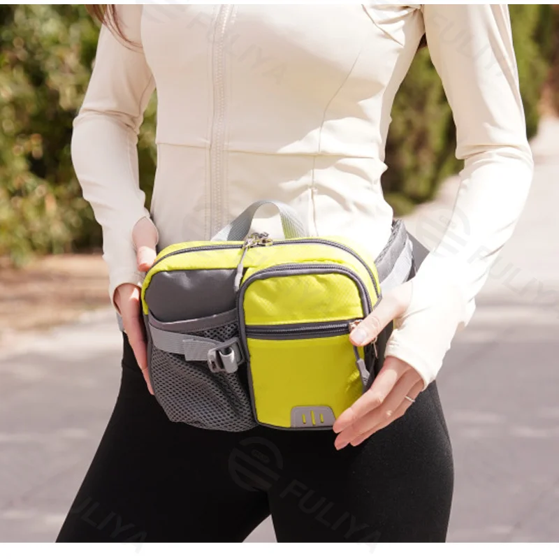 Guangzhou Fuliya Industry Co.,Ltd C-81245 Outdoor sports waist bag, water-repellent and large capacity, water bottle pocket, radio belt, reflective strips, and breathable back panel - for hiking, running, and fitness.