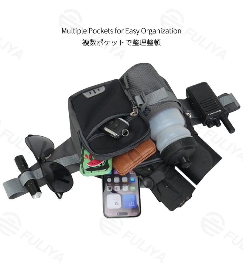 Guangzhou Fuliya Industry Co.,Ltd C-81245 Outdoor sports waist bag, water-repellent and large capacity, water bottle pocket, radio belt, reflective strips, and breathable back panel - for hiking, running, and fitness.