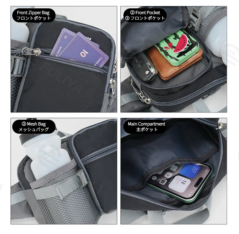 Guangzhou Fuliya Industry Co.,Ltd C-81245 Outdoor sports waist bag, water-repellent and large capacity, water bottle pocket, radio belt, reflective strips, and breathable back panel - for hiking, running, and fitness.