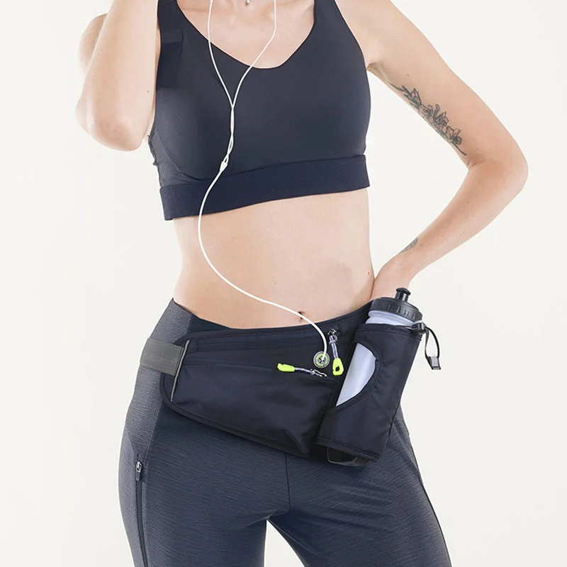 Guangzhou Fuliya Industry Co.,Ltd C-81246 Outdoor sports waist bag, nano waterproof, large capacity, dedicated water bottle pocket, headphone hole, reflective strips, locking zipper pulls, and breathable back panel - for running, fitness, and outdoor.