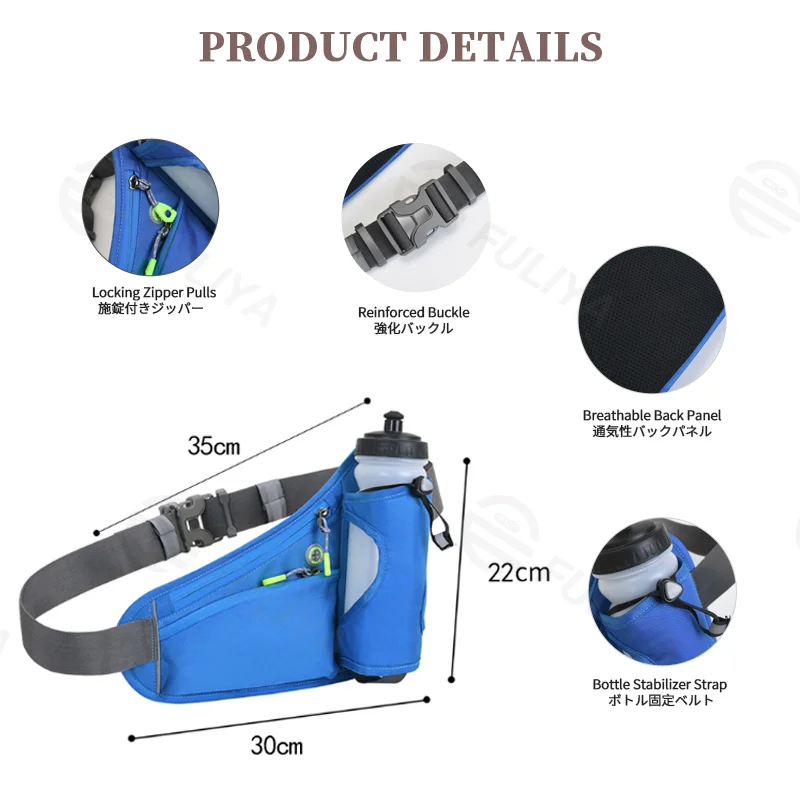 Guangzhou Fuliya Industry Co.,Ltd C-81246 Outdoor sports waist bag, nano waterproof, large capacity, dedicated water bottle pocket, headphone hole, reflective strips, locking zipper pulls, and breathable back panel - for running, fitness, and outdoor.