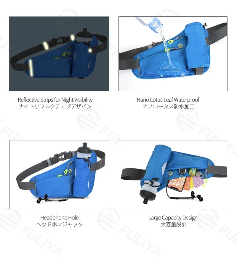 Guangzhou Fuliya Industry Co.,Ltd C-81246 Outdoor sports waist bag, nano waterproof, large capacity, dedicated water bottle pocket, headphone hole, reflective strips, locking zipper pulls, and breathable back panel - for running, fitness, and outdoor.